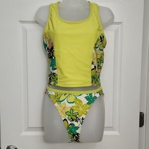 Mysterioso Racerback Tankini Top (M) and Swim Bottom (S), Neon green floral